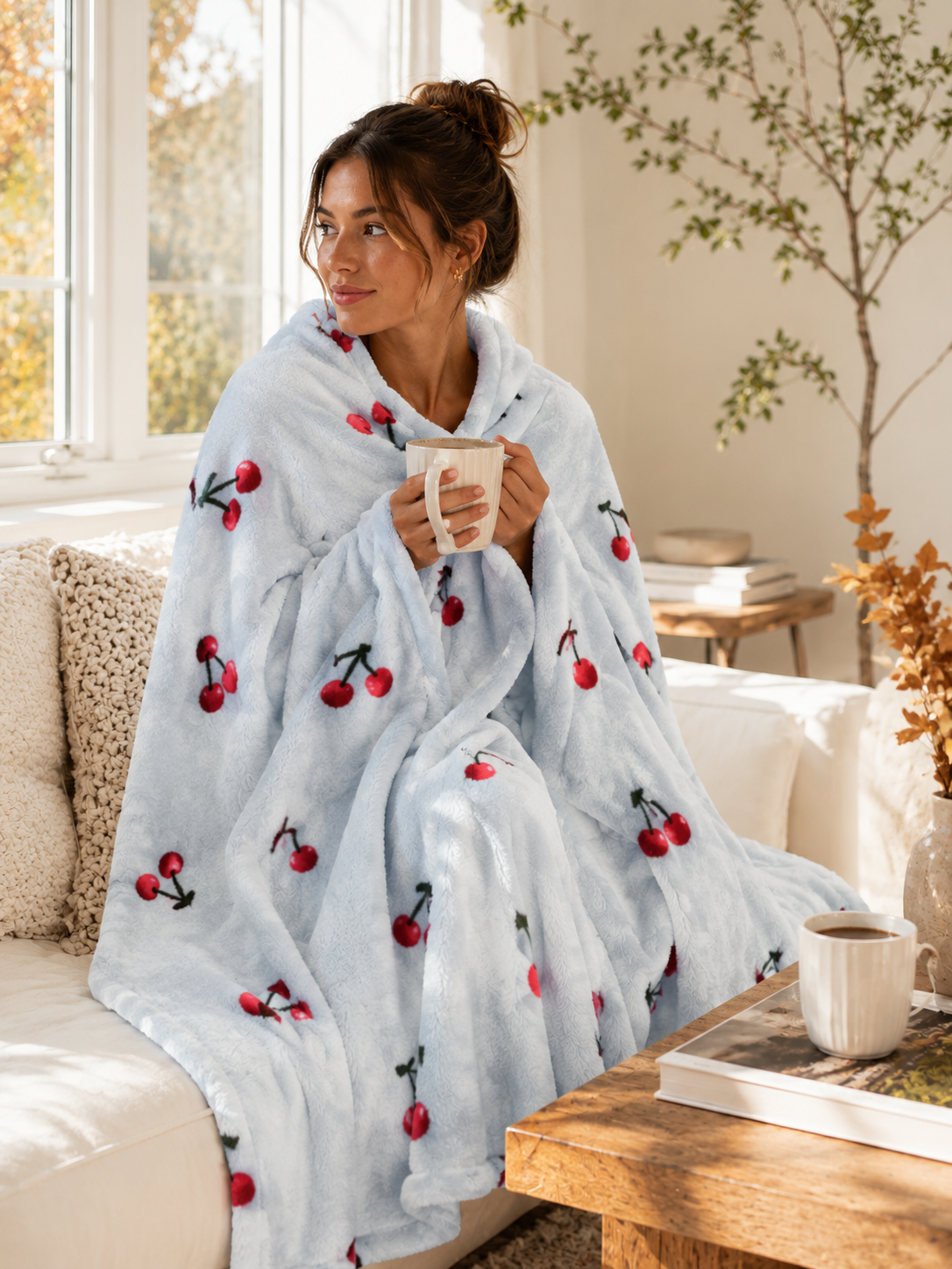 Anthropologie Cherry Faux Fur Throw Blanket | Sky Blue | 50" x 70" | New (originally $128)