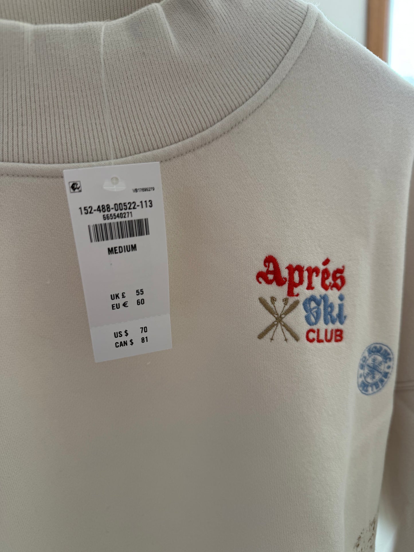 Après Ski Club Graphic Sweatshirt – Cream Embroidered Oversized Pullover | Size Medium | New (originally $70)
