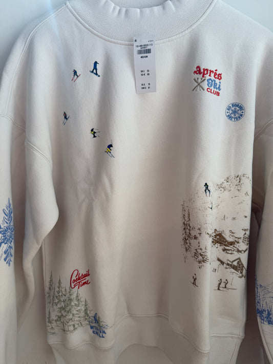 Après Ski Club Graphic Sweatshirt – Cream Embroidered Oversized Pullover | Size Medium | New (originally $70)
