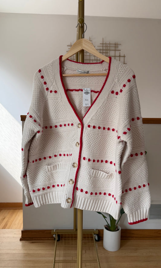 Abercrombie & Fitch Textured Knit Cardigan – Cream with Red Contrast Trim | Size Medium | New with Tags (originally $90)