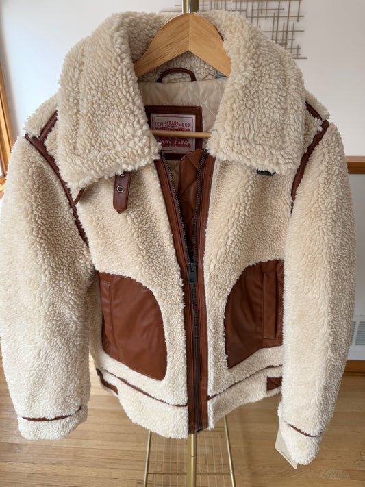 Levi's Sherpa Moto Jacket – Cream & Brown | Faux Leather Trim | Size Medium | New with Tags (originally $250)
